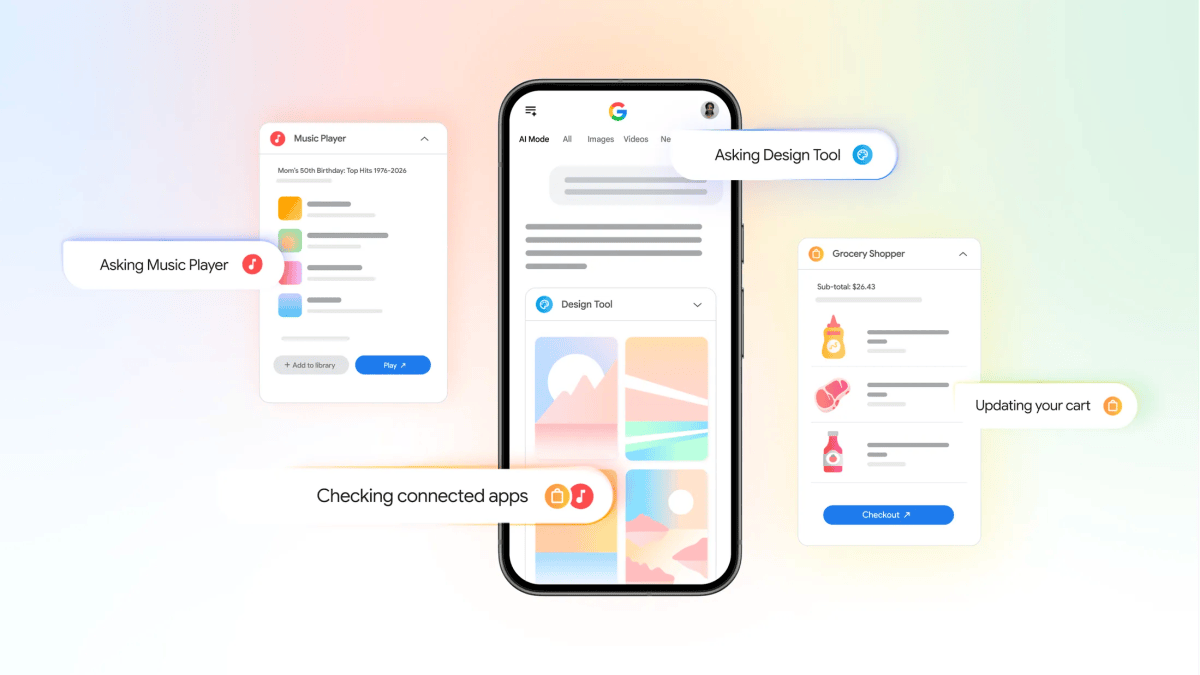 The Gemini interface shows commands being sent to connected apps such as a music player, a design tool, and a shopping cart to perform actions automatically
