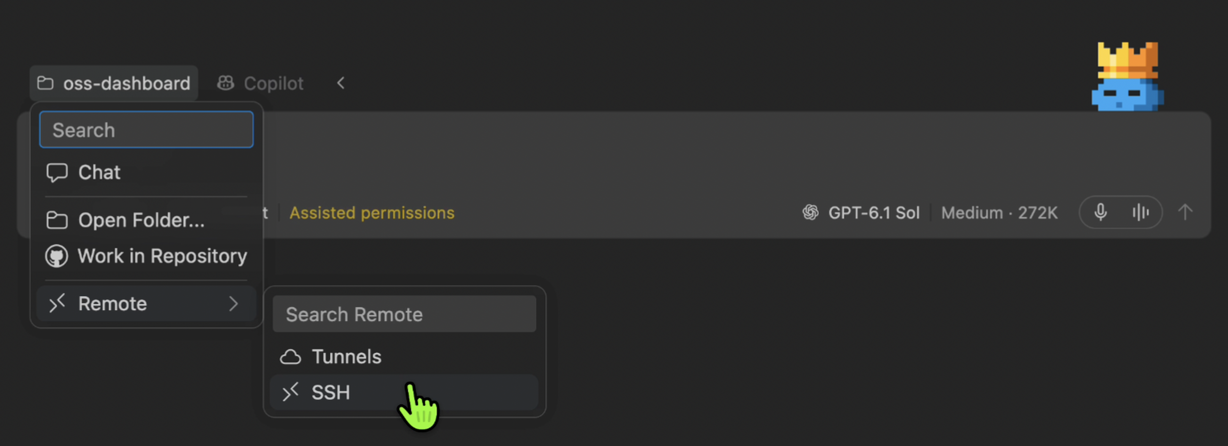 O cursor do Copilot navega pelo menu Remote do VS Code, selecionando a opção SSH para abrir uma conexão