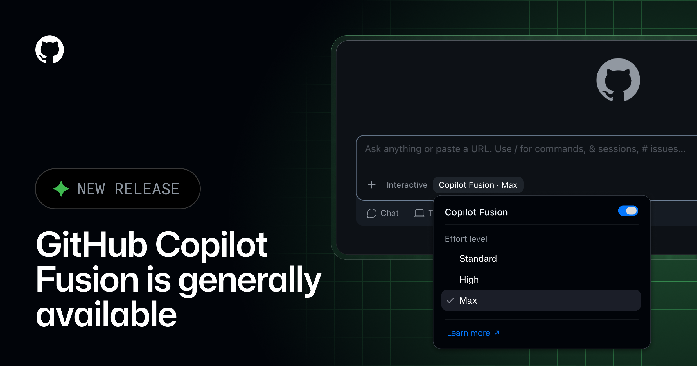 O painel do Copilot Fusion exibe as opções de nível de esforço Standard, High e Max, com Max selecionado, ao lado do anúncio de disponibilidade geral do recurso