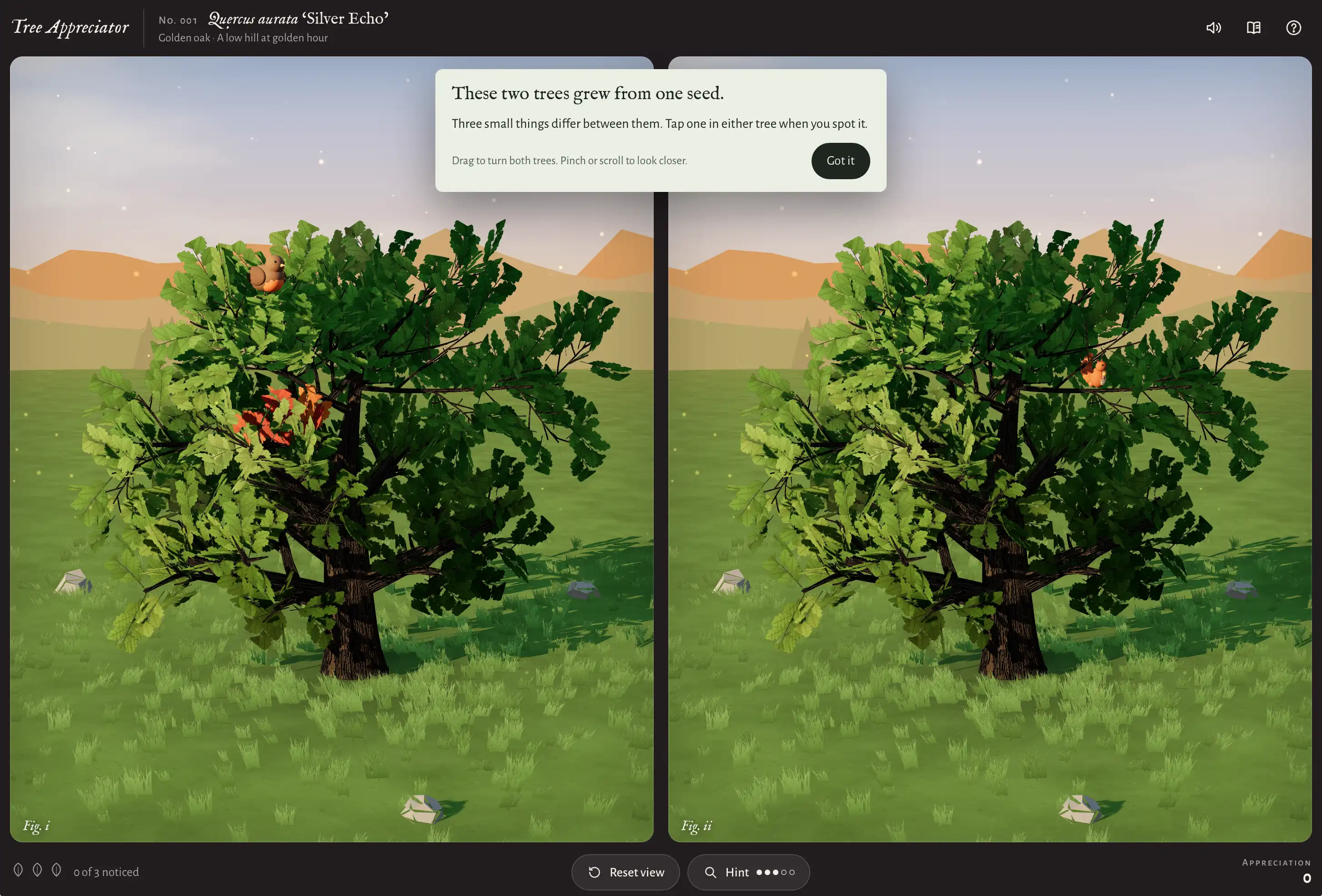 A tela do Tree Appreciator exibe duas árvores quase idênticas lado a lado, com um pop-up explicando que há três diferenças para encontrar entre elas