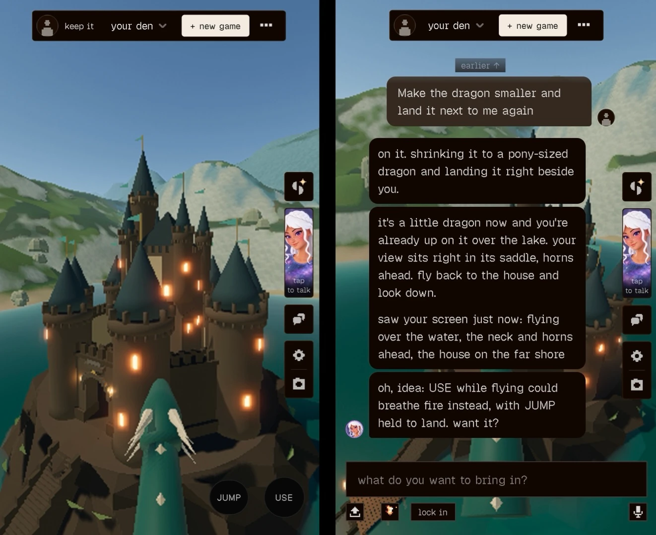 As duas telas do jogo Spawn mostram um castelo com um dragão gerados por comando de texto, com o chat ao lado exibindo o pedido para encolher o dragão e fazê-lo pousar