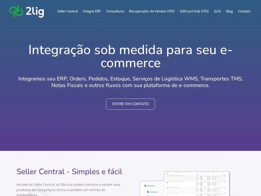 Página inicial do site de 2LIG - Integração e-commerce