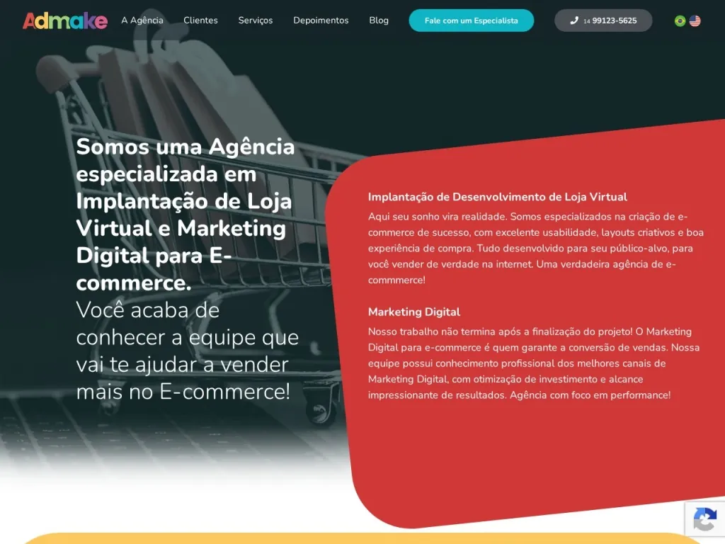 Página inicial do site de Admake