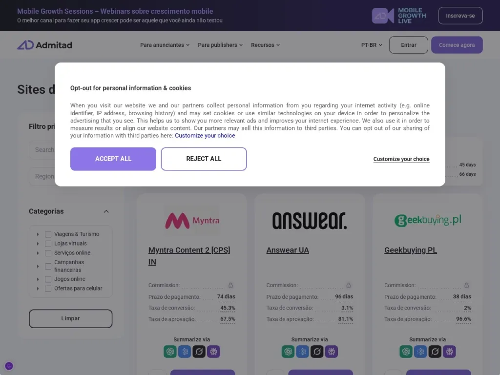 Página inicial do site de Admitad Affiliate