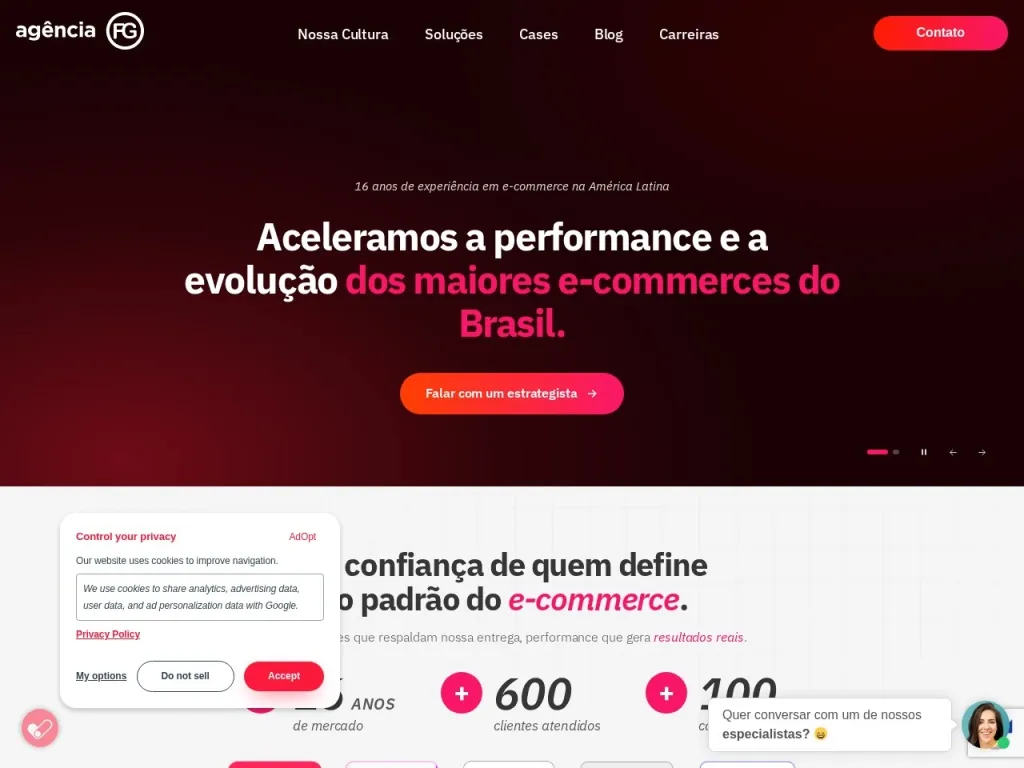 Página inicial do site de Agência FG