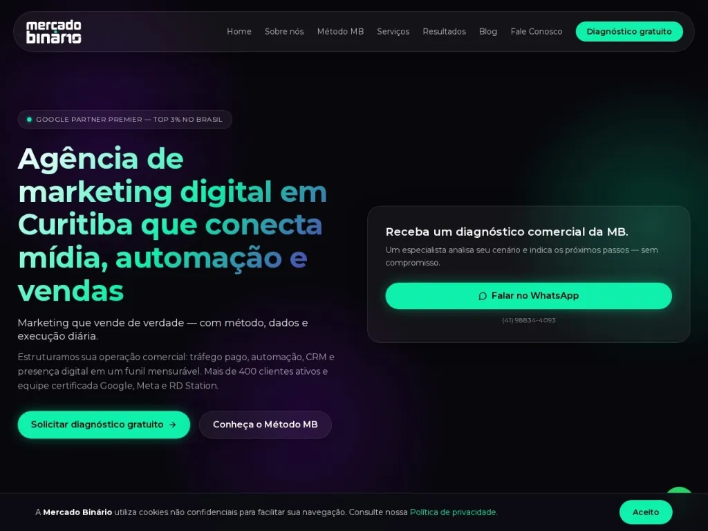 Página inicial do site de Agência Mercado Binário