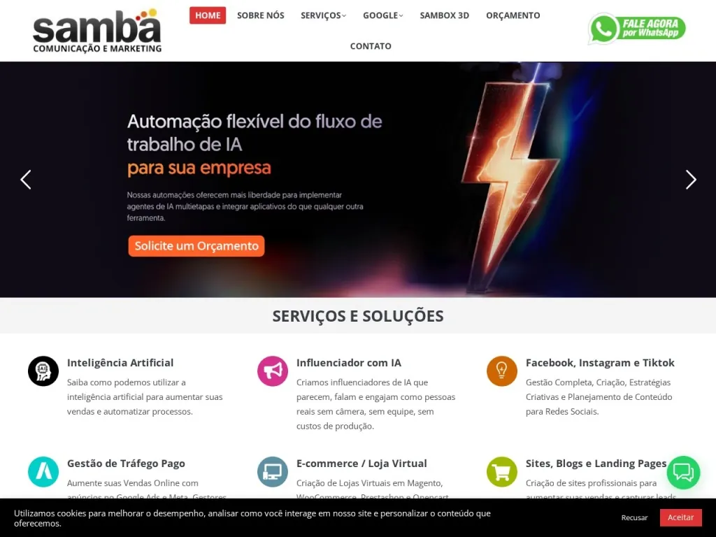 Página inicial do site de Agência Samba