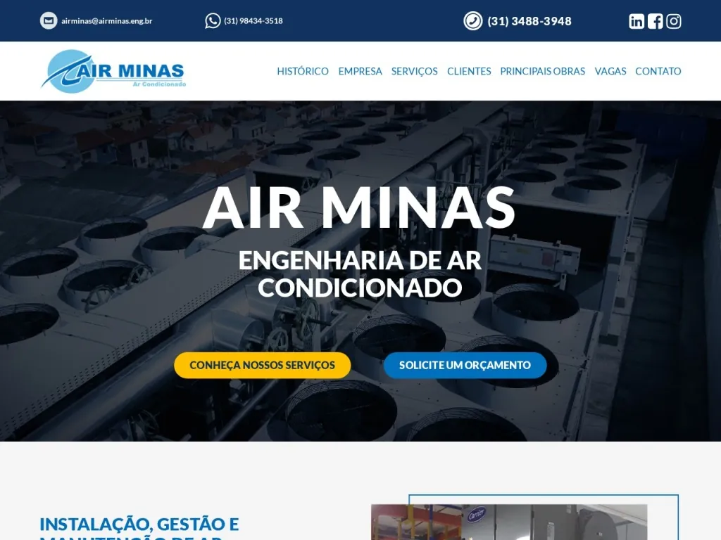 Página inicial do site de Air Minas Ar Condicionado LTDA