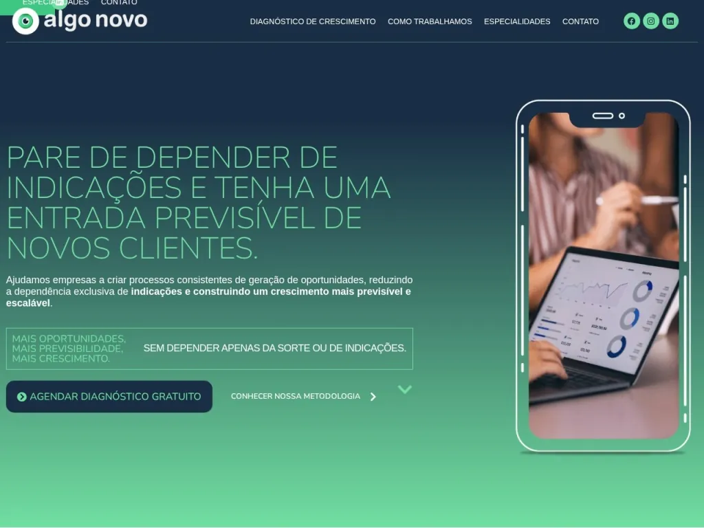 Página inicial do site de Algo Novo Comunicação