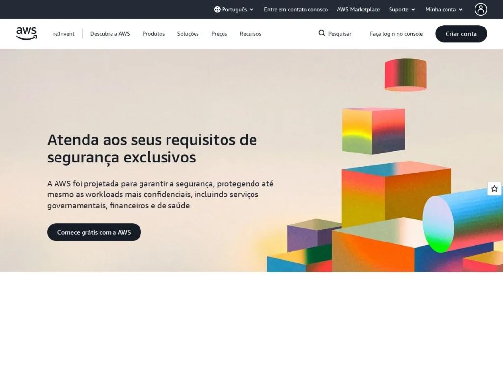 Página inicial do site de Amazon Web Services - AWS