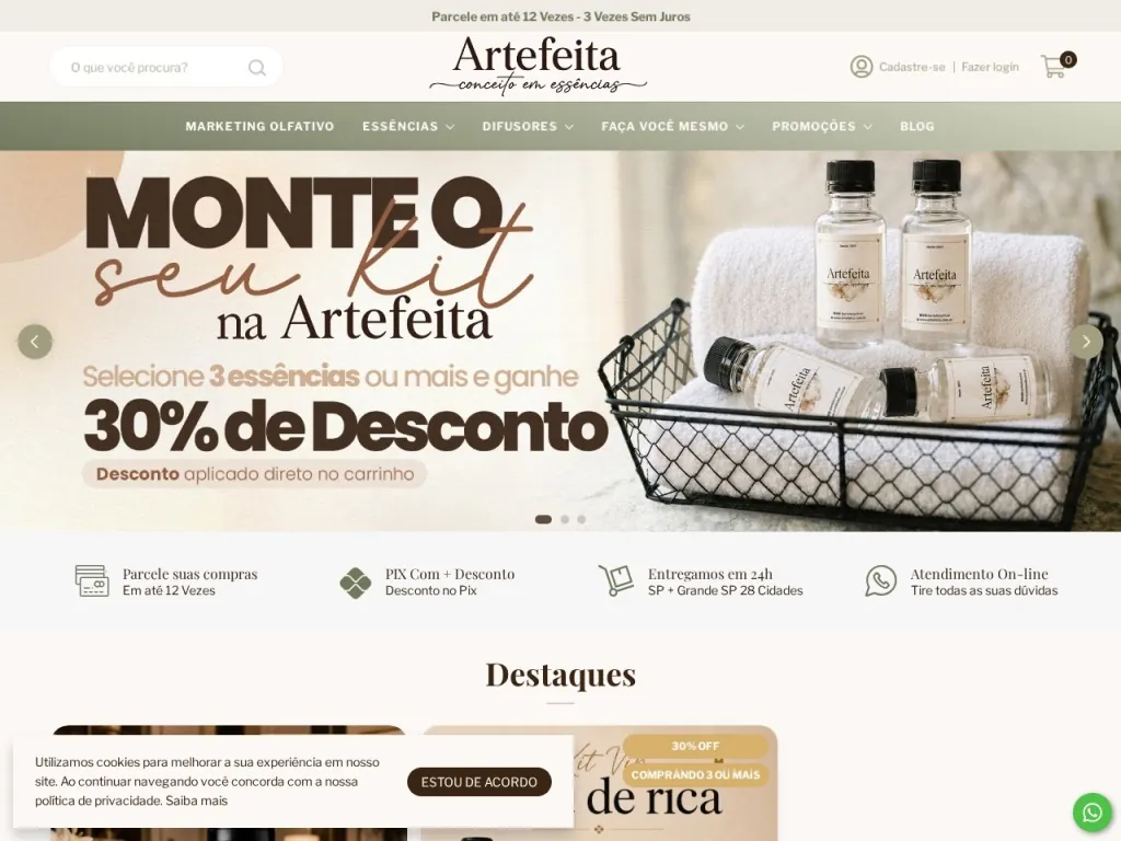 Página inicial do site de ArteFeita Essências