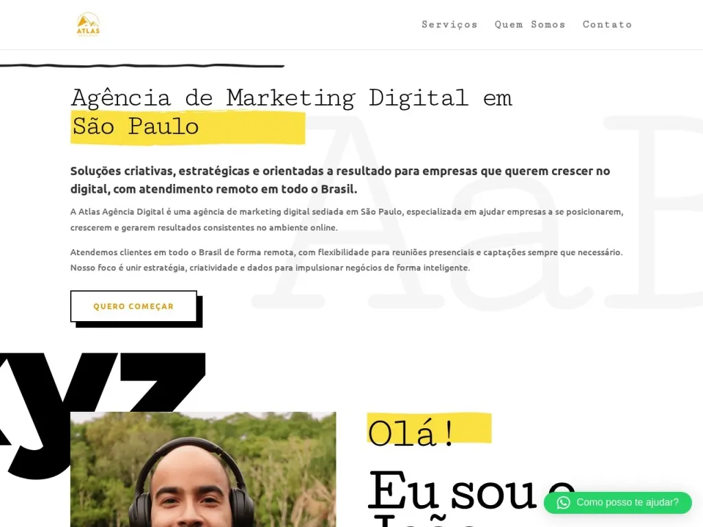 Página inicial do site de Atlas Marketing Digital