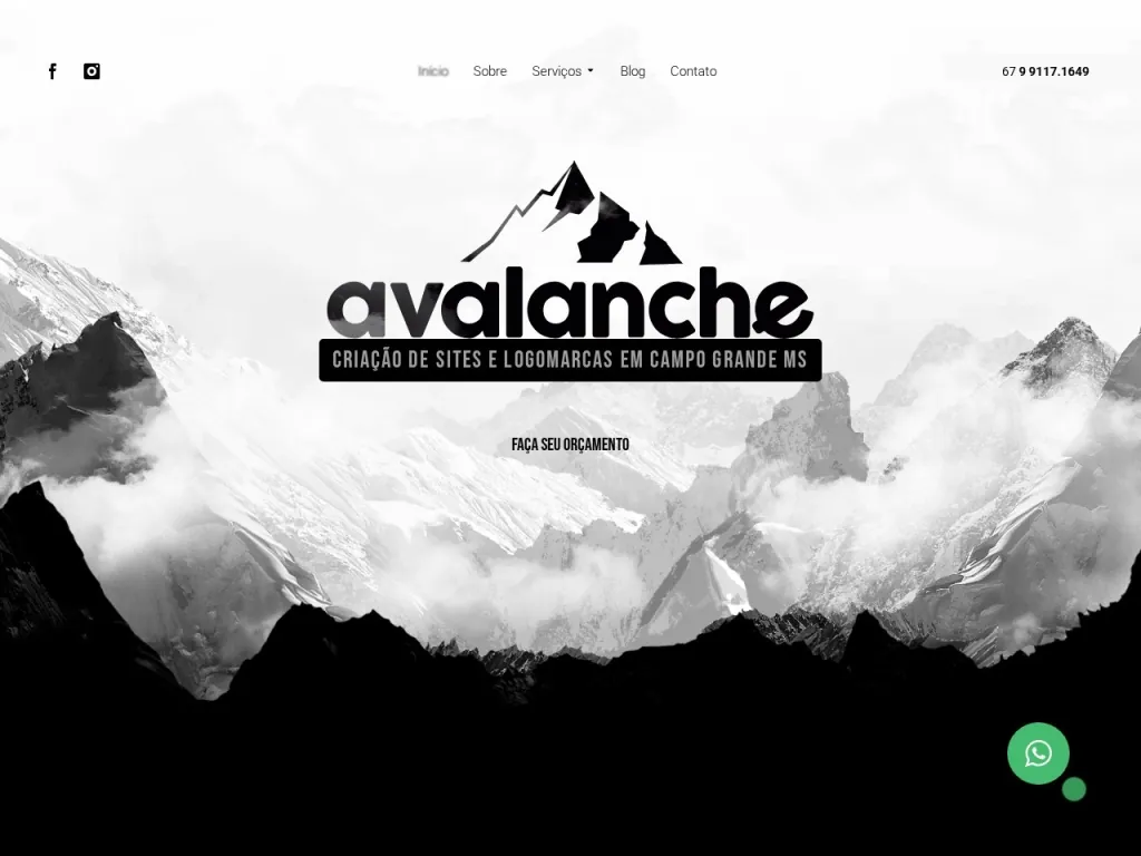 Página inicial do site de Avalanche Produtora