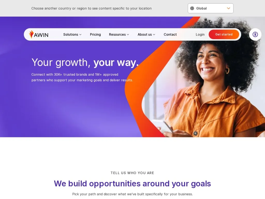 Página inicial do site de Awin