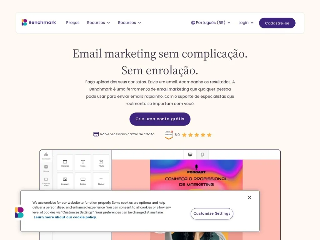 Página inicial do site de Benchmark Email