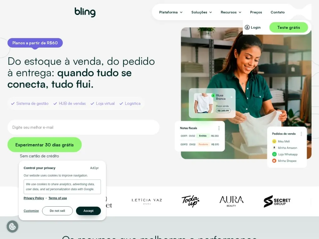 Página inicial do site de Bling