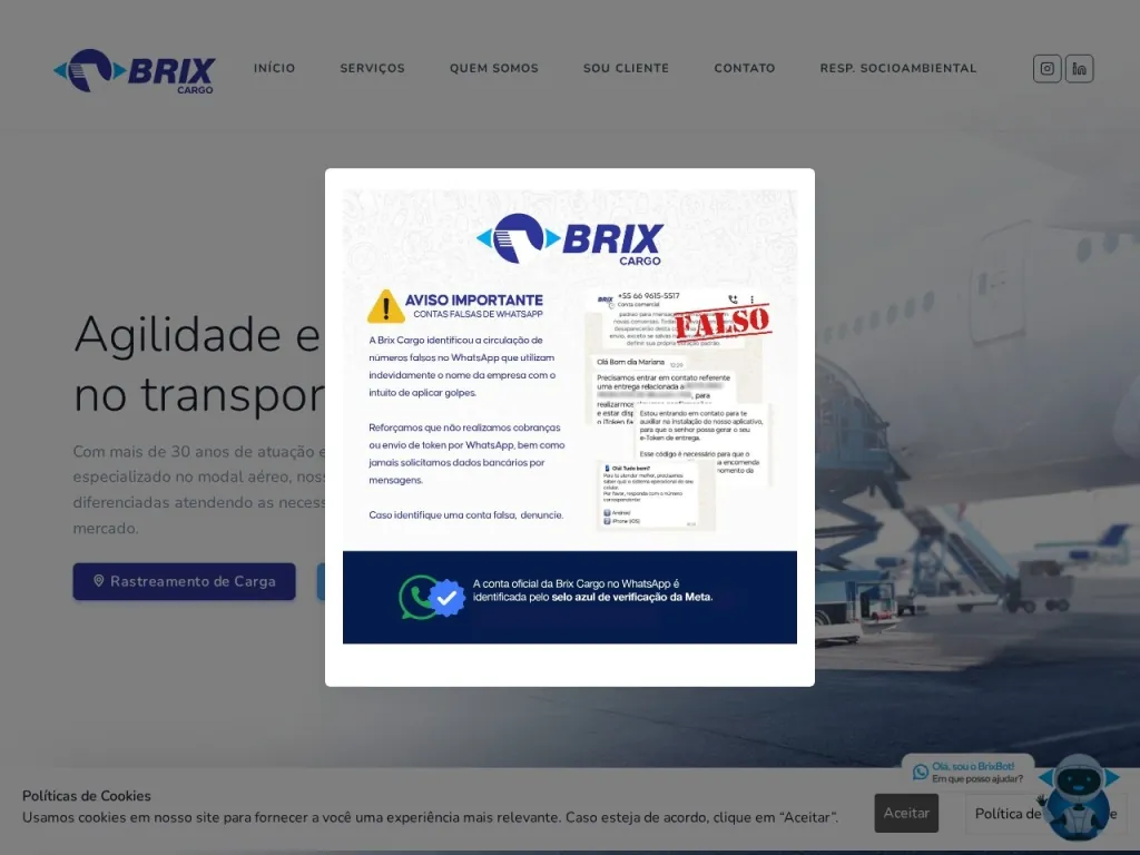 Página inicial do site de Brix Cargas Aéreas