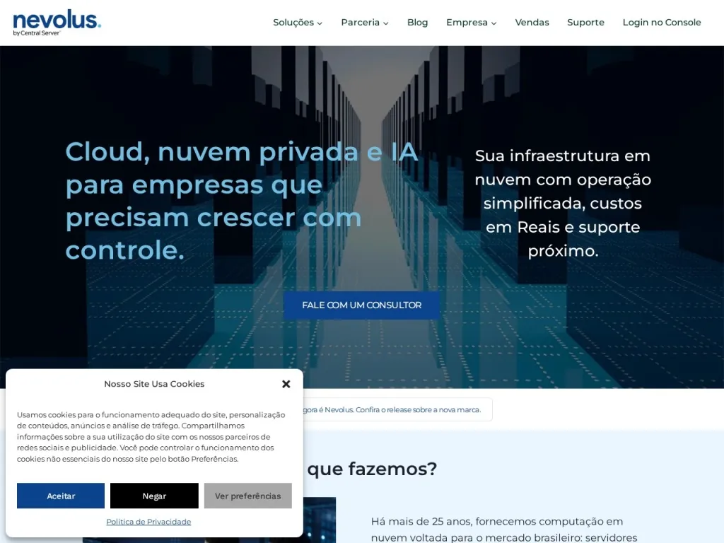 Página inicial do site de CentralServer