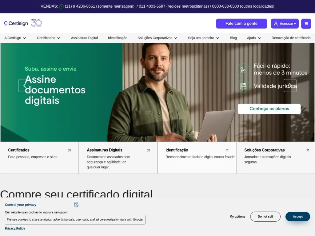 Página inicial do site de Certisign