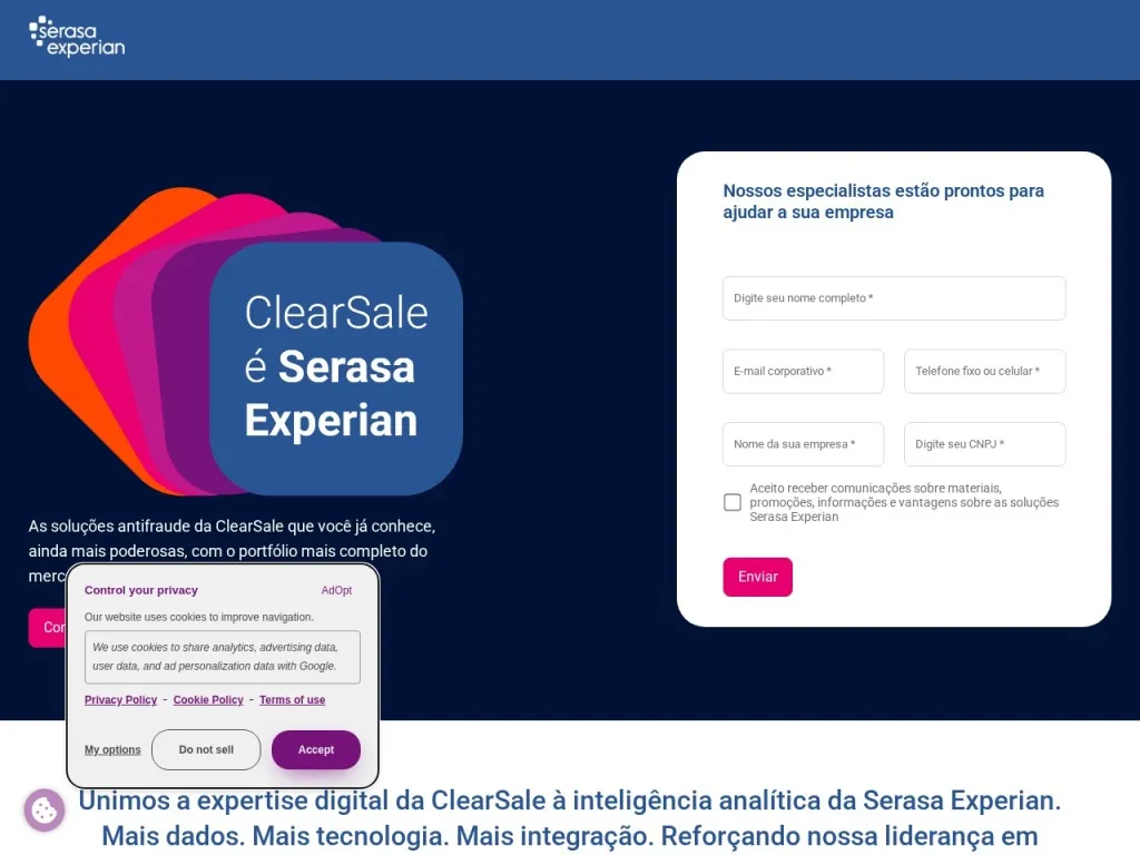 Página inicial do site de ClearSale
