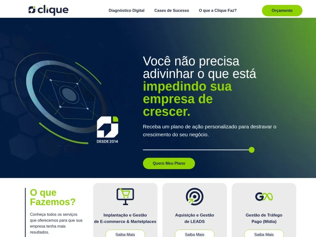 Página inicial do site de Clique Web Marketing