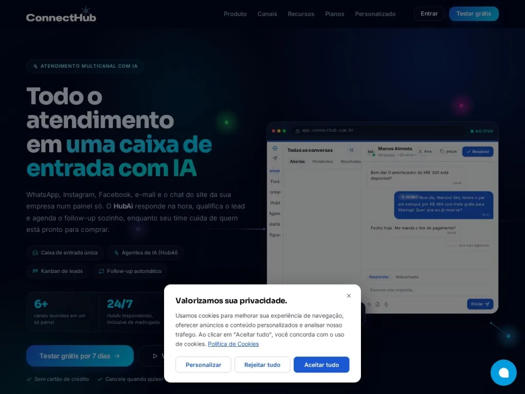 Página inicial do site de Connect Hub