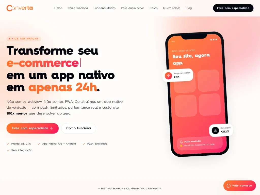 Página inicial do site de Converta