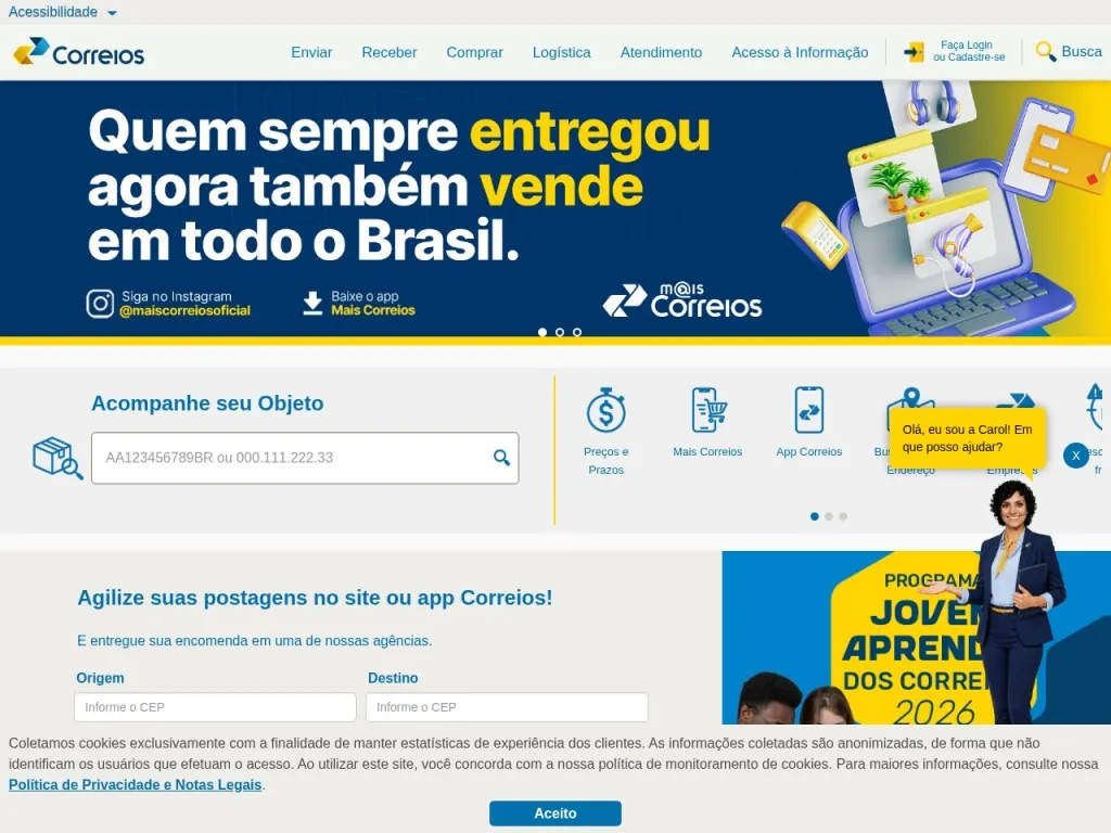 Página inicial do site de Correios
