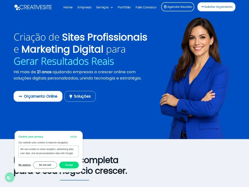 Página inicial do site de Creative Site