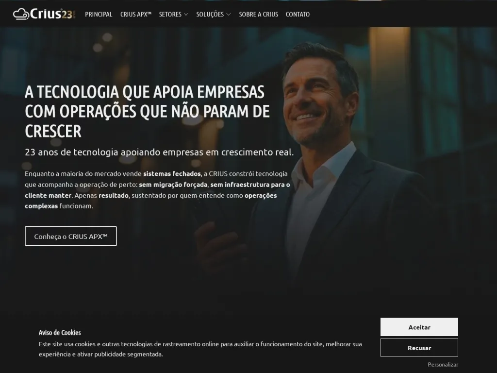 Página inicial do site de CRIUS Tecnologia