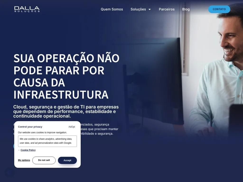 Página inicial do site de Dalla Soluções