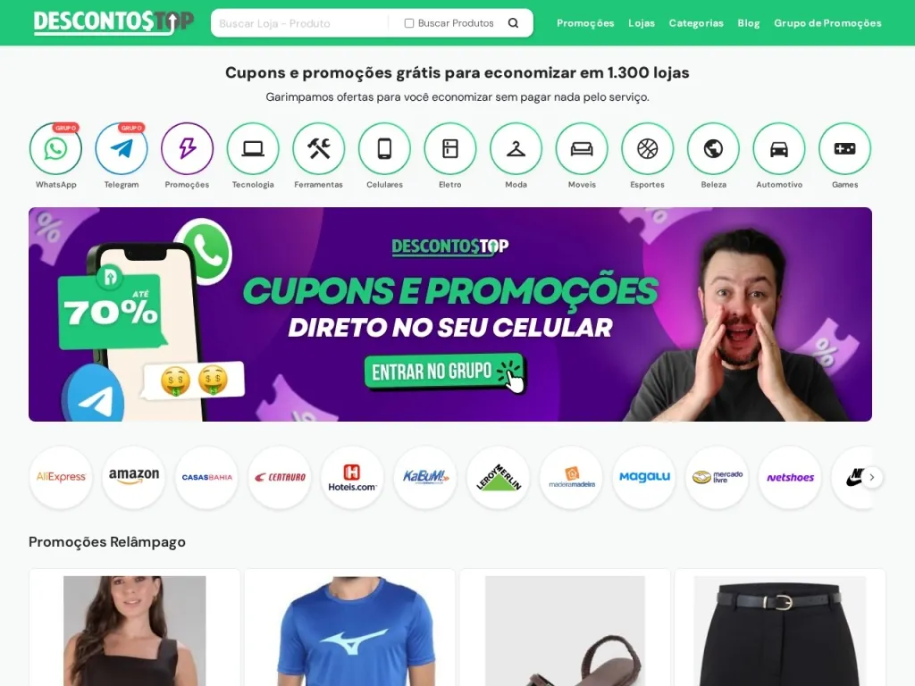 Página inicial do site de Descontos Top