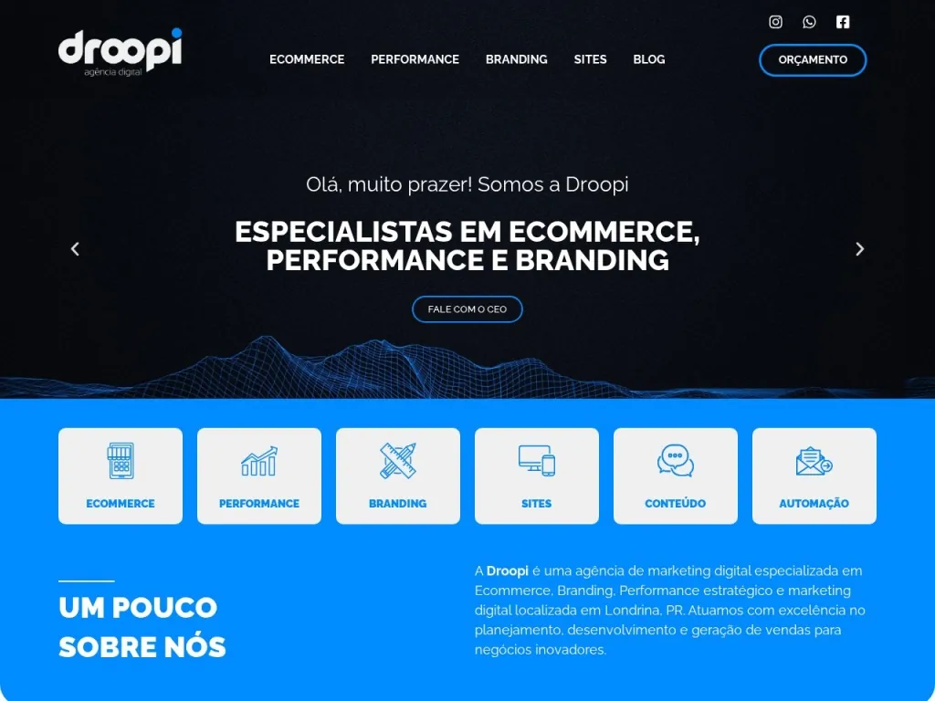 Página inicial do site de Droopi - E-commerce e Marketing Digital