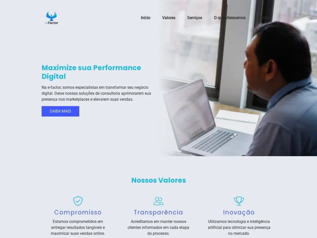 Página inicial do site de e-Factor Consultoria e Assessoria em Canal Digital