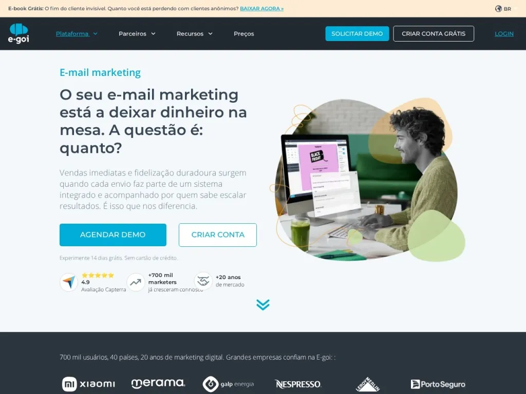 Página inicial do site de E-goi