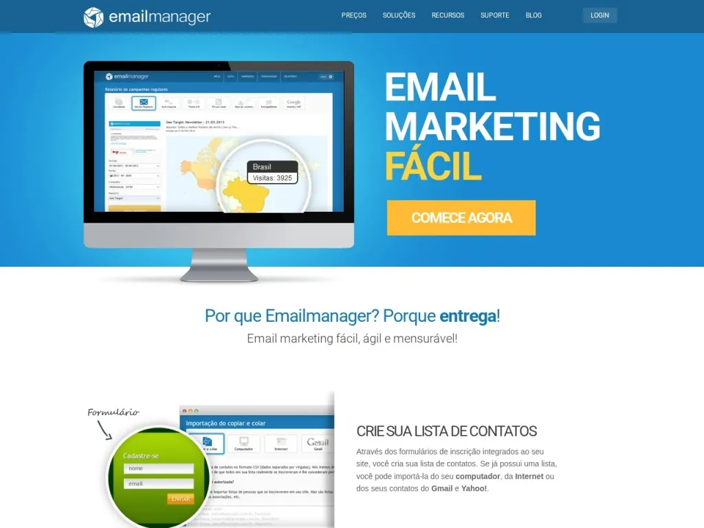 Página inicial do site de Emailmanager