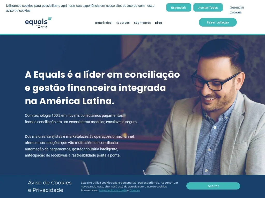 Página inicial do site de Equals