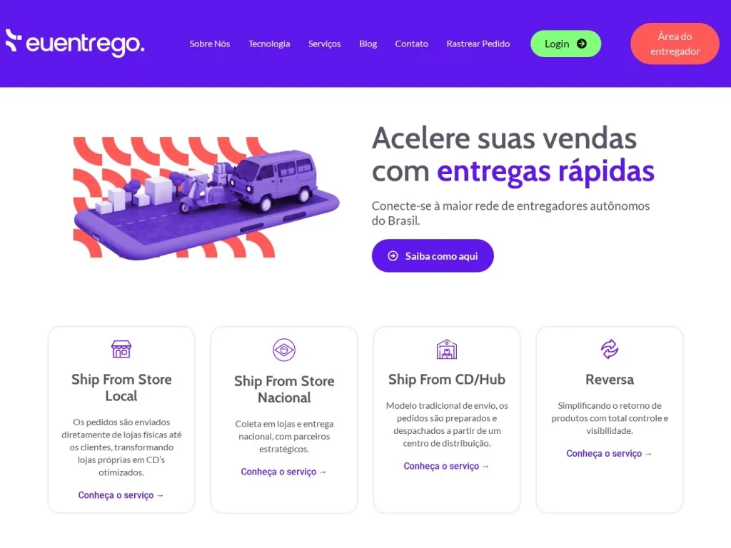 Página inicial do site de Eu Entrego - Crowdshopping Company