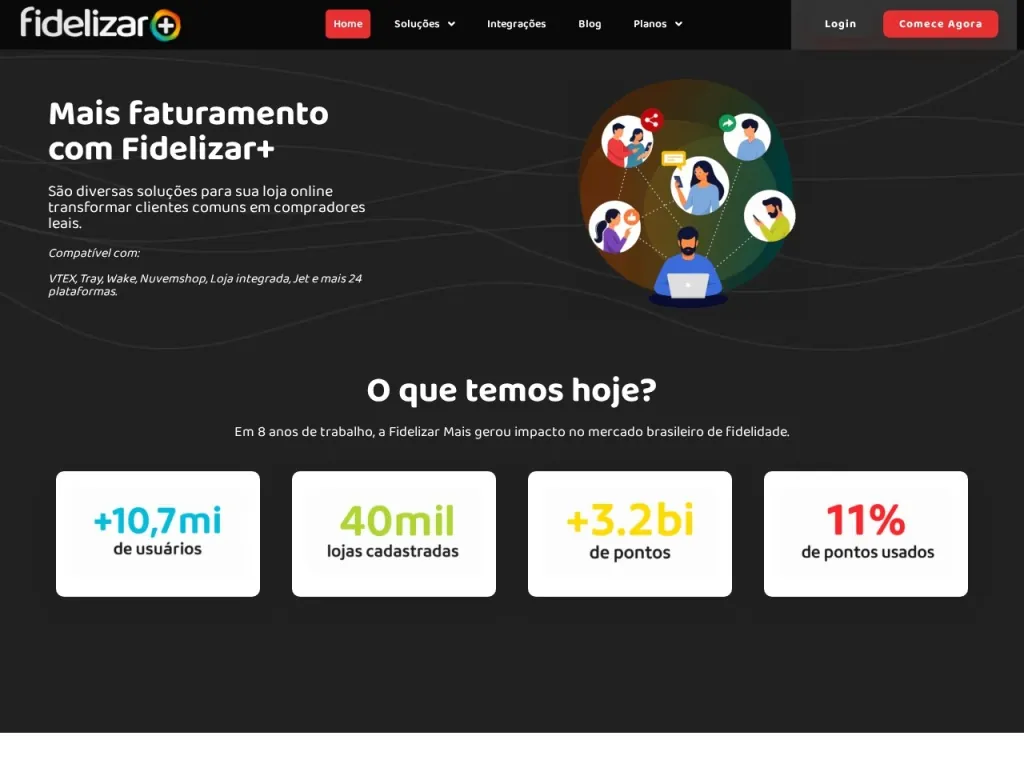 Página inicial do site de Fidelizar Mais