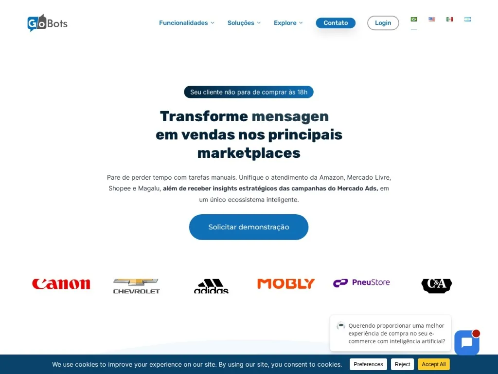 Página inicial do site de GoBots