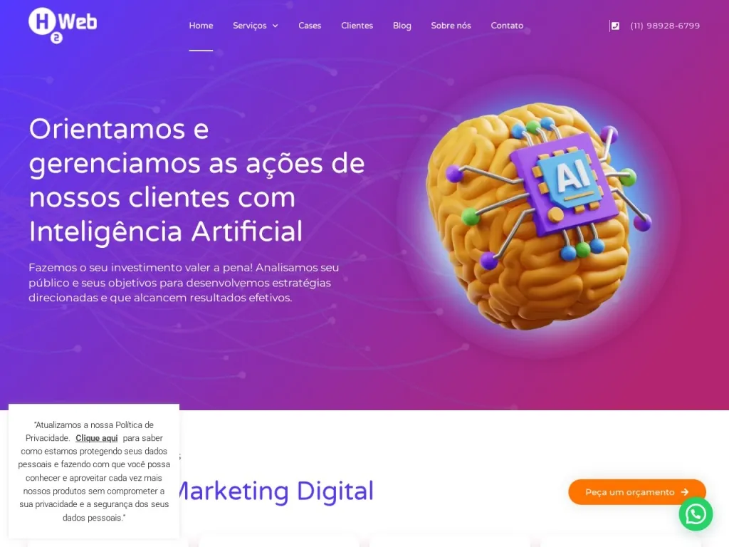 Página inicial do site de H2Web