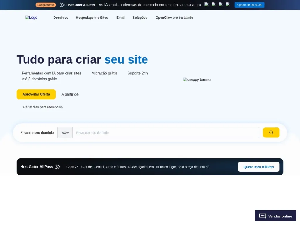 Página inicial do site de HostGator