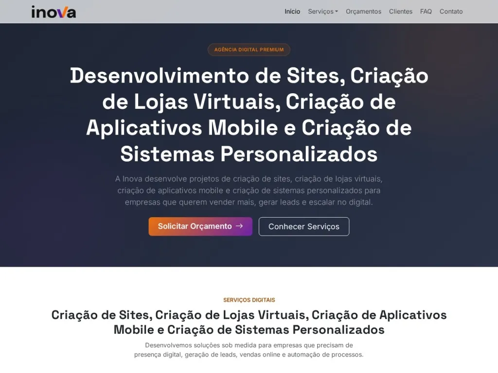 Página inicial do site de Inova Agência de Ideias