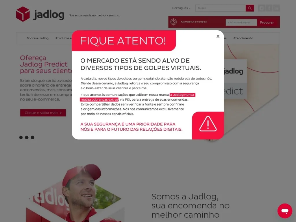 Página inicial do site de Jadlog Logistica S.A