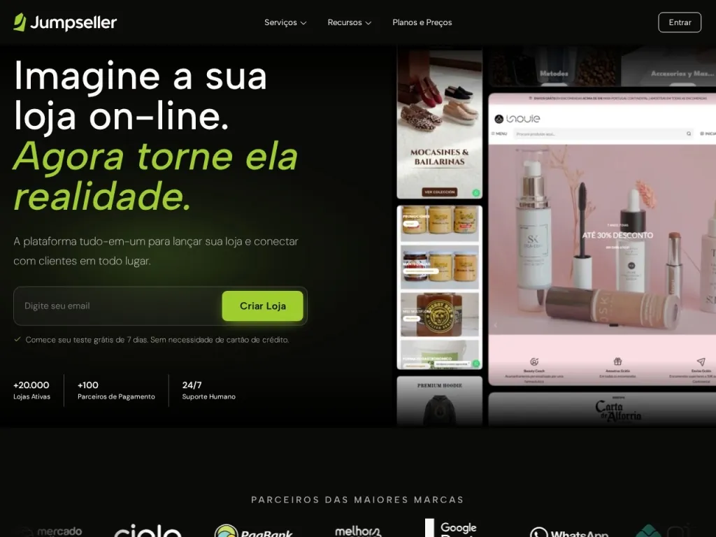 Página inicial do site de Jumpseller