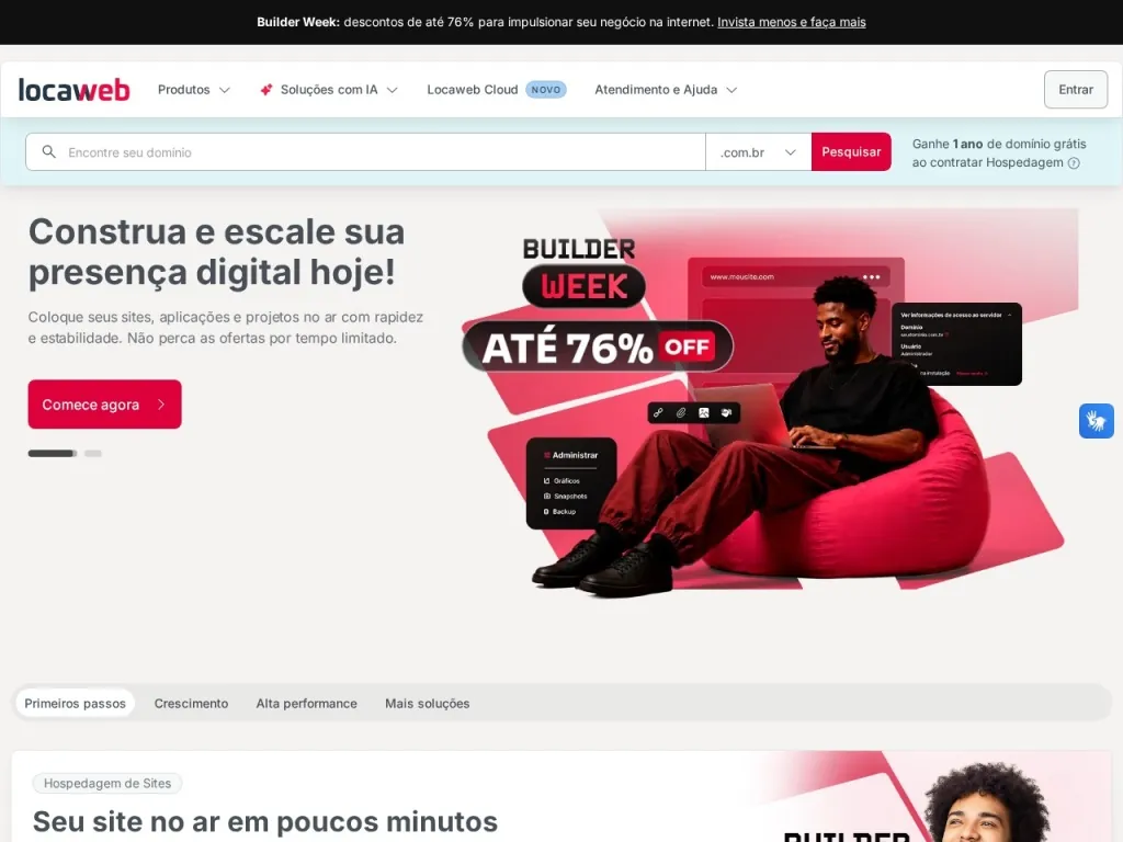 Página inicial do site de Locaweb