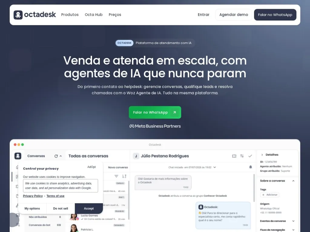Página inicial do site de Octadesk