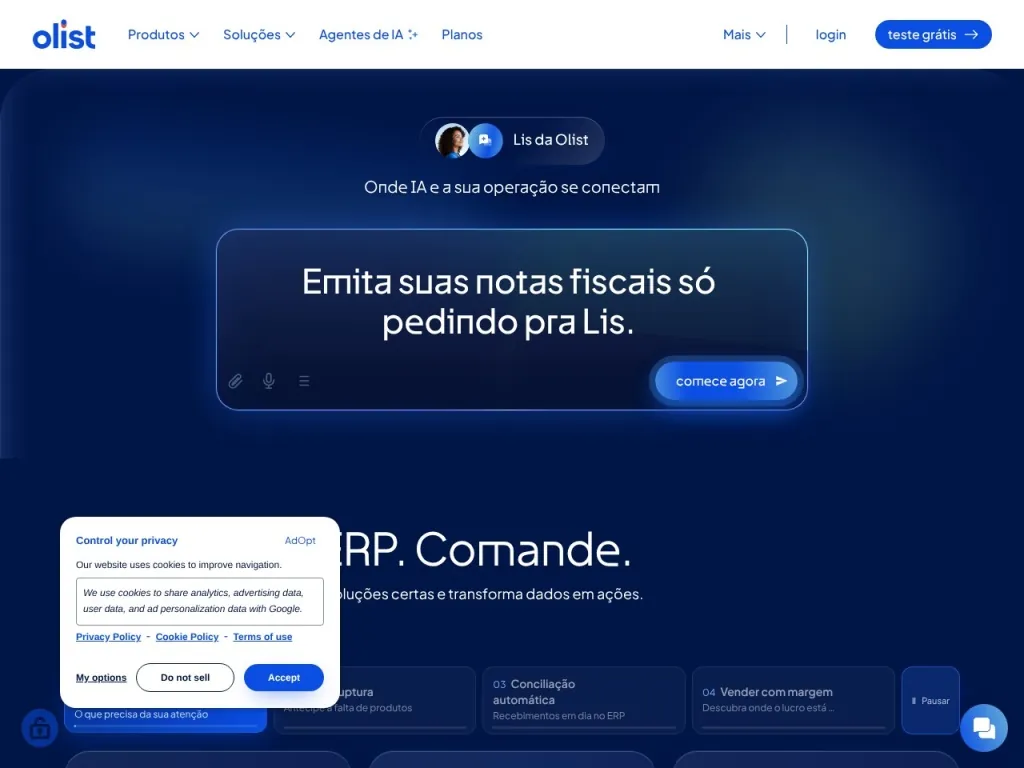 Página inicial do site de Olist