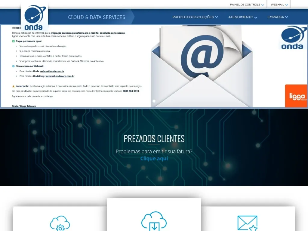 Página inicial do site de Onda Provedor de Serviços S/A