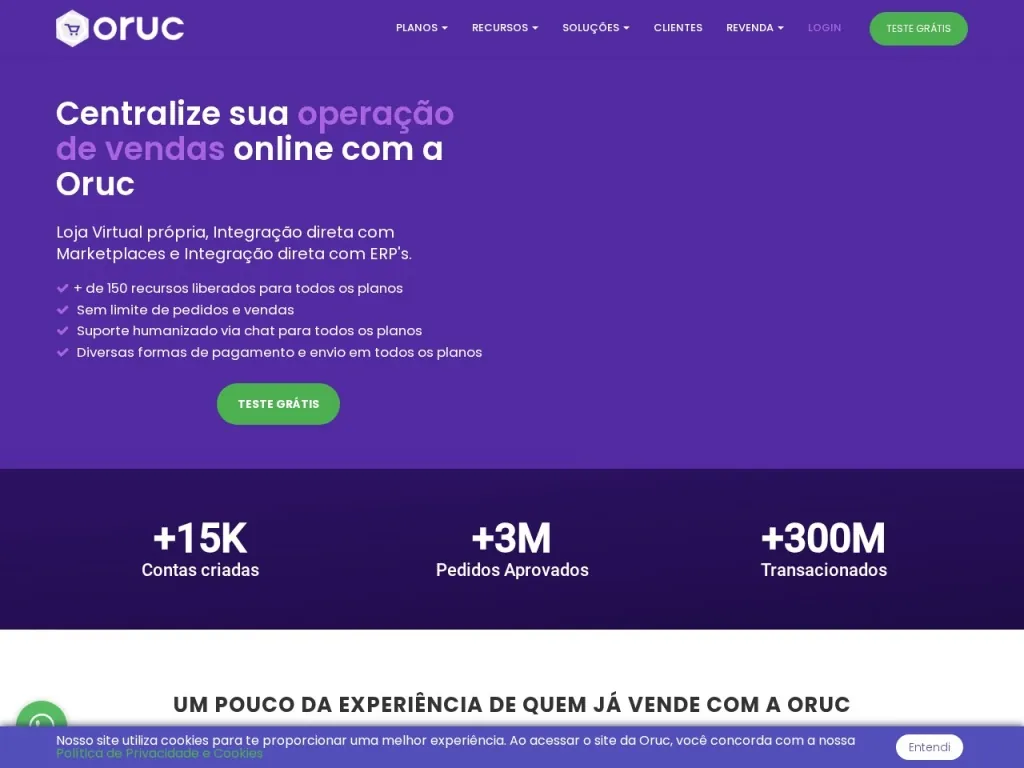 Página inicial do site de Oruc - Plataforma de E-commerce